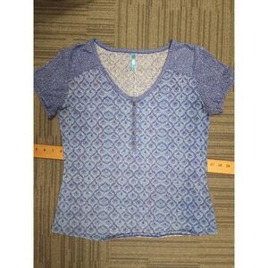 KUL Women's Blue Short-Sleve Faux Button Scoop Neck T-Shirt‎ L RN108846